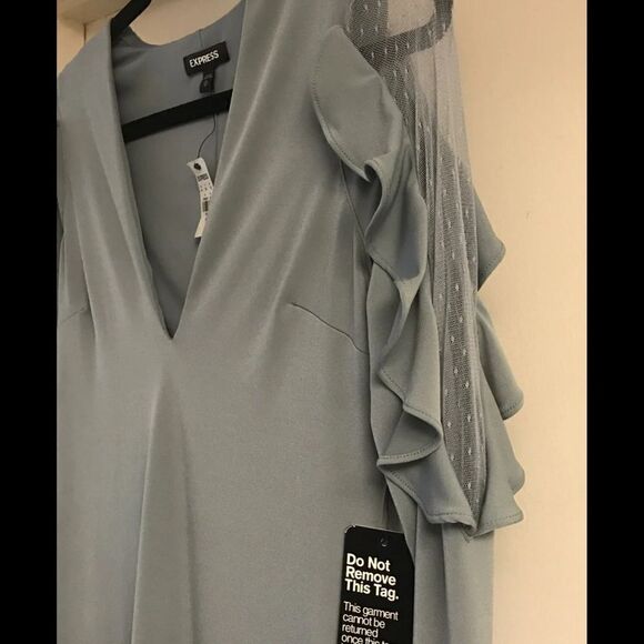 NWT~Express Slinky Gray Ruffled Sleeve Mini Dress - Picture 3 of 3